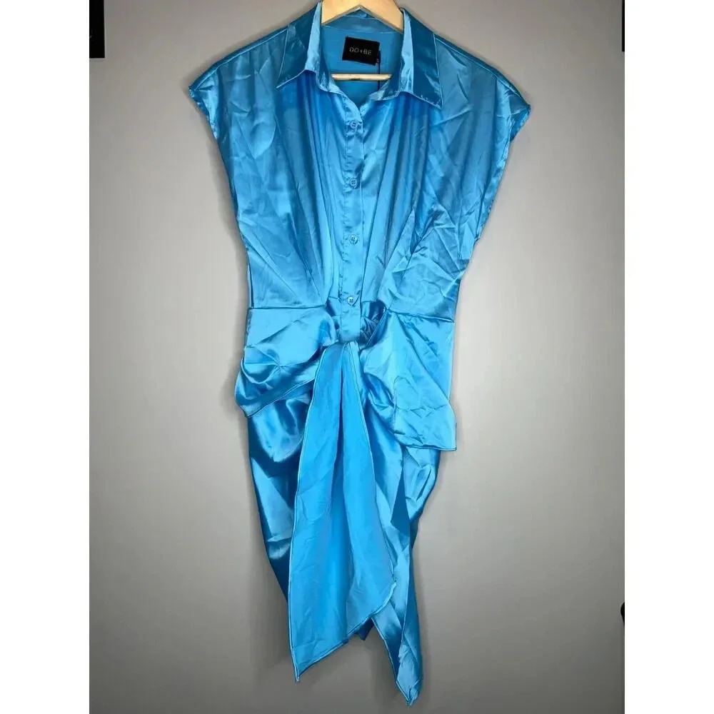NEW DO + BE Blue satin collar dress tie front ruched mini party size MEDIUM - Picture 5 of 10